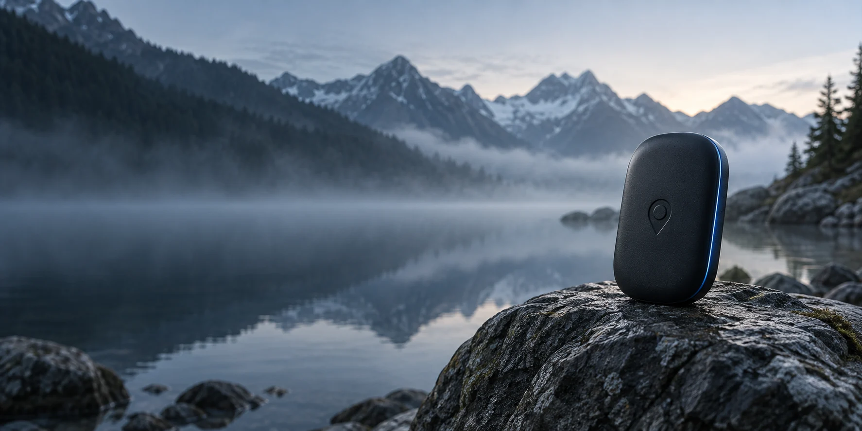 CipherGPS tracker artwork beside a mountain lake